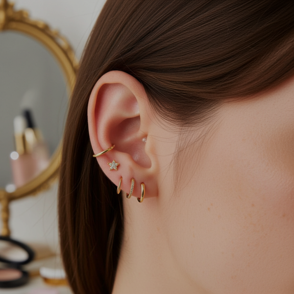 Close-up of an ear with gold hoop earrings in front of a vanity mirror.