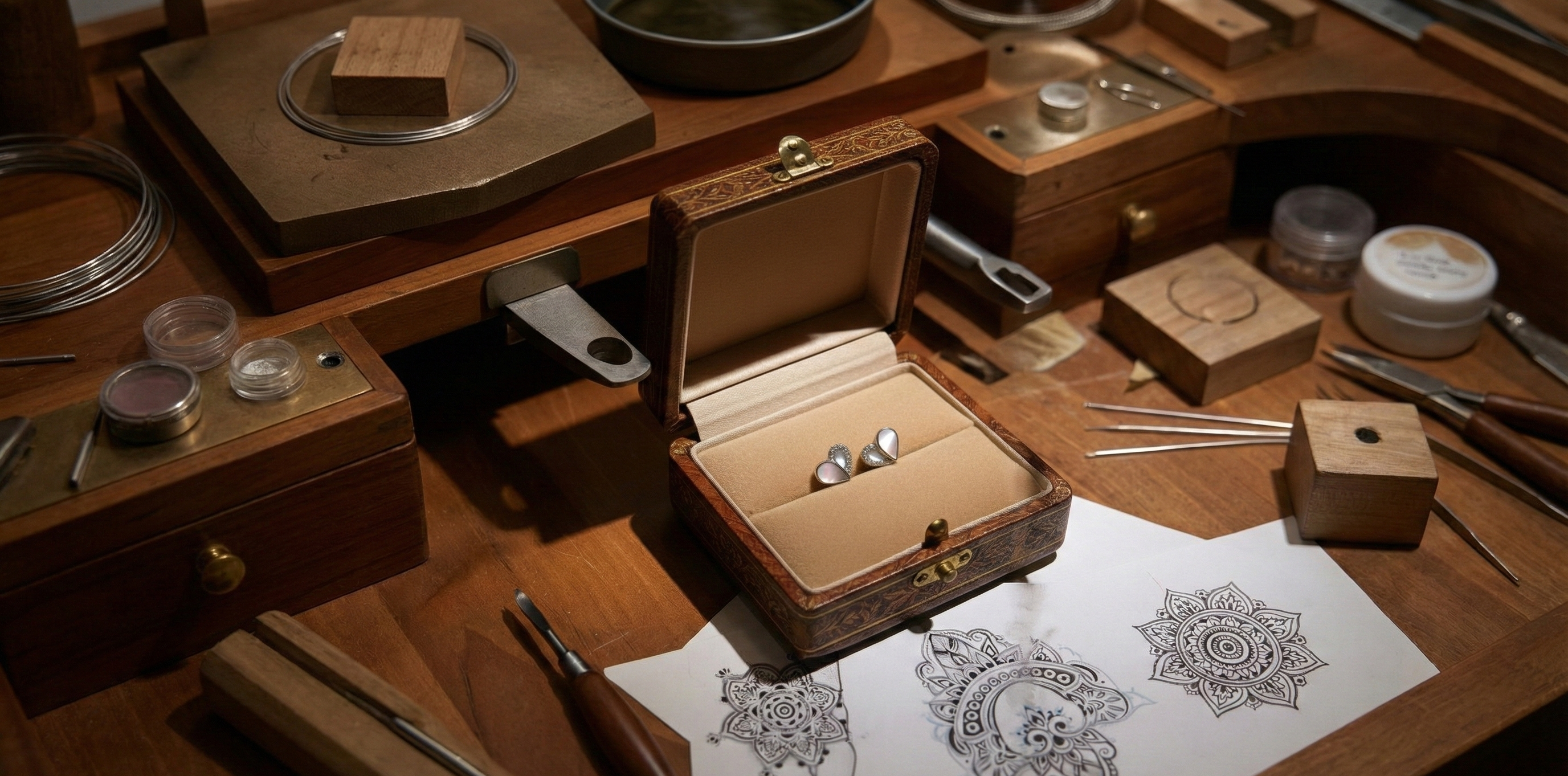 Wooden jewelry box with jewelry on a wooden table with tools and designs.