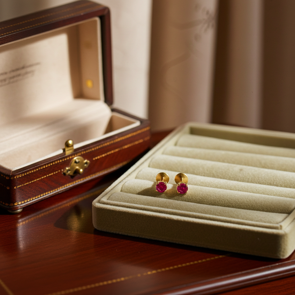 Gold Ruby Red Solitaire Stud Earrings