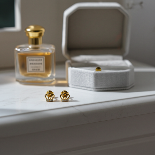Gold earrings on a white surface with a perfume bottle and jewelry box in the background.